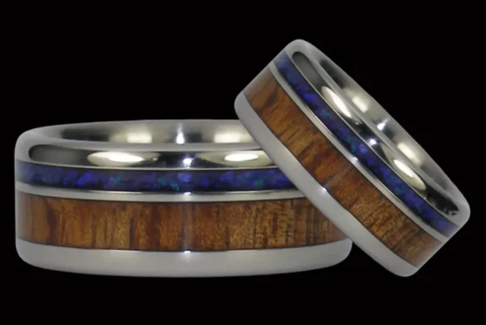 Black Opal And Dark Koa Wood Hawaii Titanium Ring