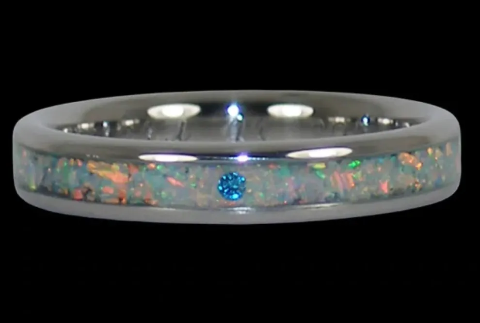 Blue Diamond And Fire Opal Engagement Titanium Ring
