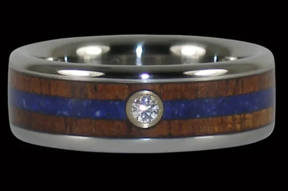 Blue Lapis And Hawaiian Koa Wood Titanium Ring