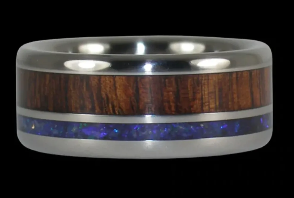 Blue Opal And Hawaiian Koa Titanium Ring