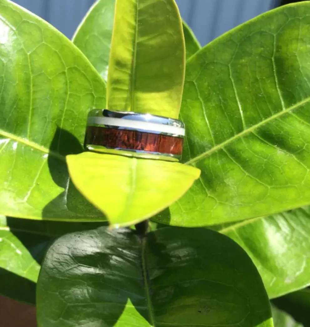 Blue Opal And Hawaiian Koa Titanium Ring