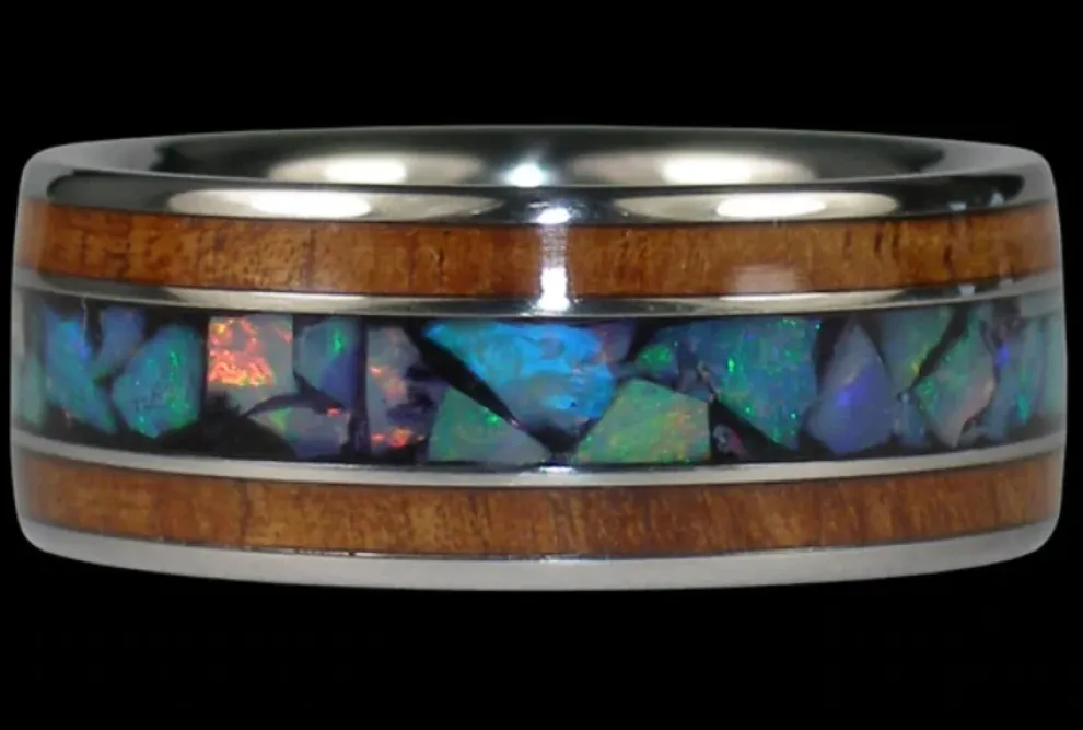 Blue Opal And Koa Wood Titanium Ring