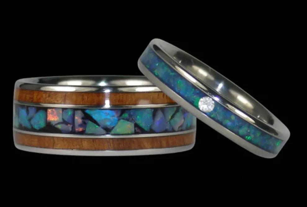 Blue Opal And Koa Wood Titanium Ring