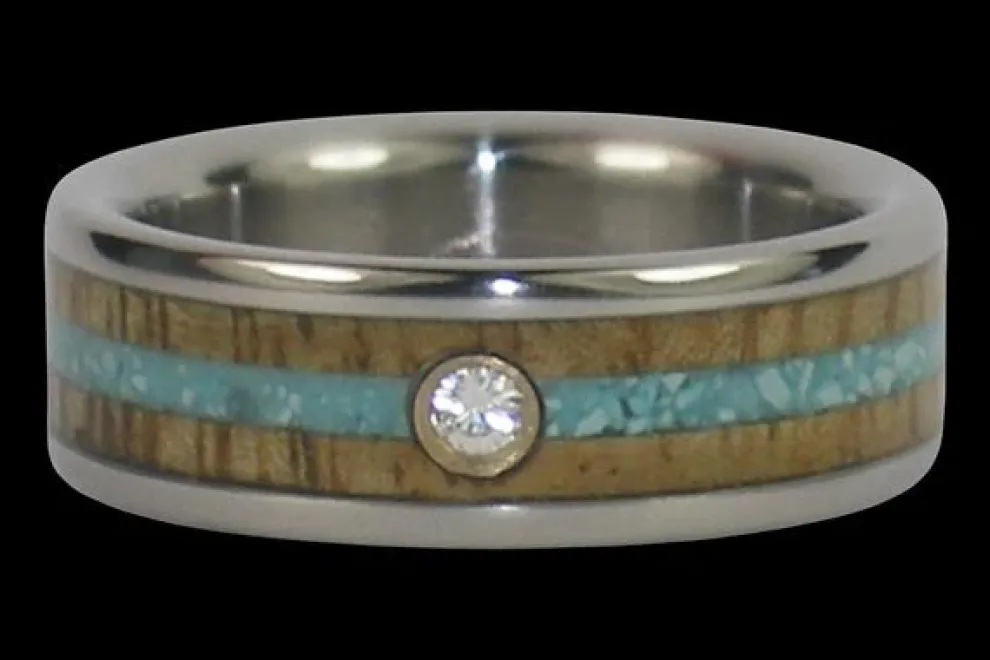 Diamond Titanium Ring Band With Turquoise And Mango Wood