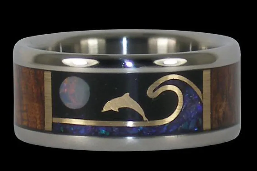 Dolphin Ring With Opal And Koa Wood