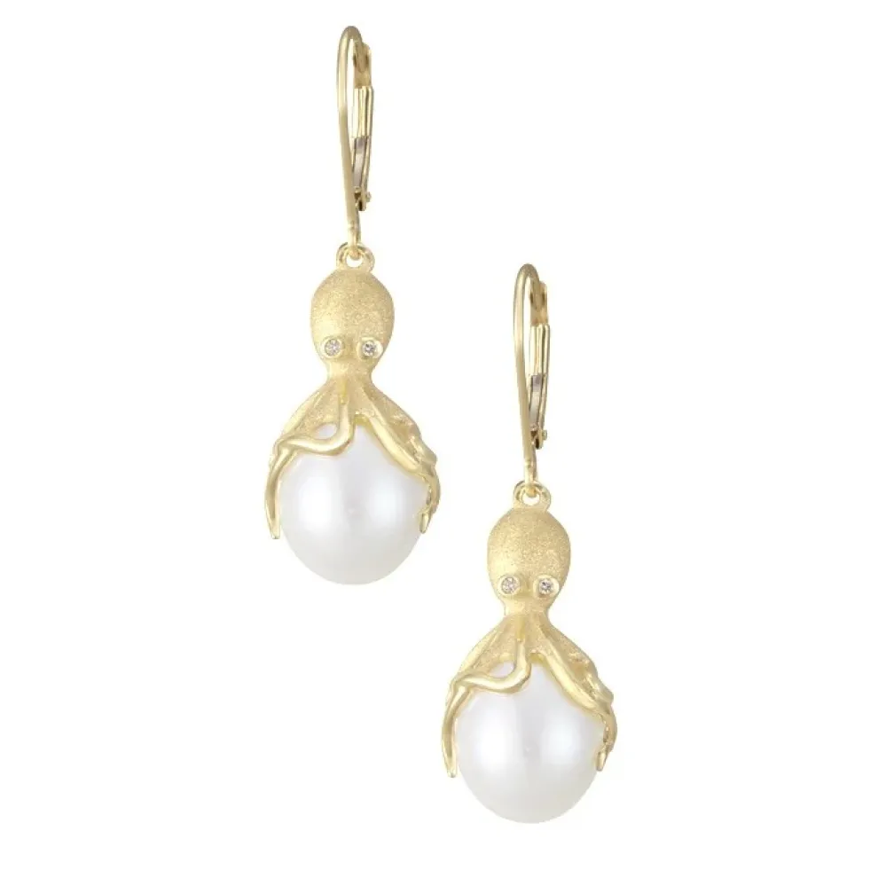 Gold Octopus Earrings With White Fresh Water Pearls & Diamonds