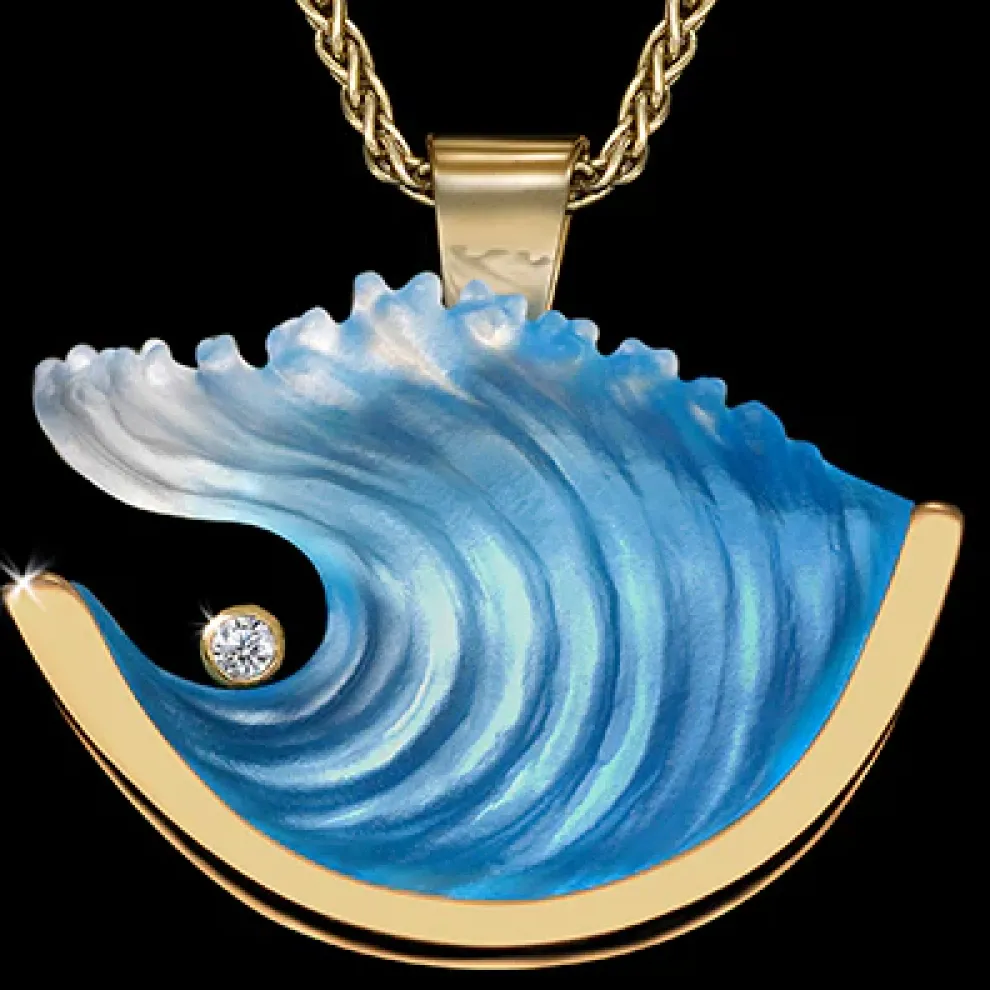 14K Large Yellow Gold Wave Pendant With Diamond