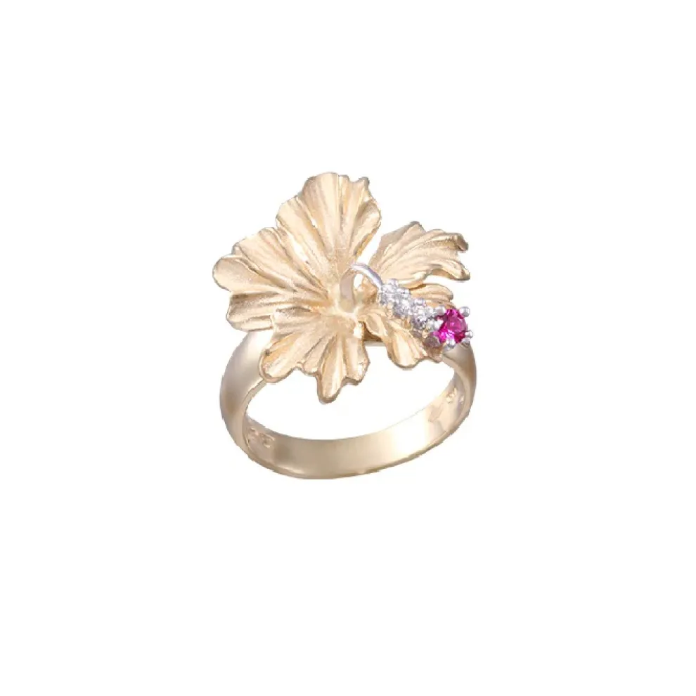 14K 20Mm Hibiscus Ring With 3 Diamonds And Ruby