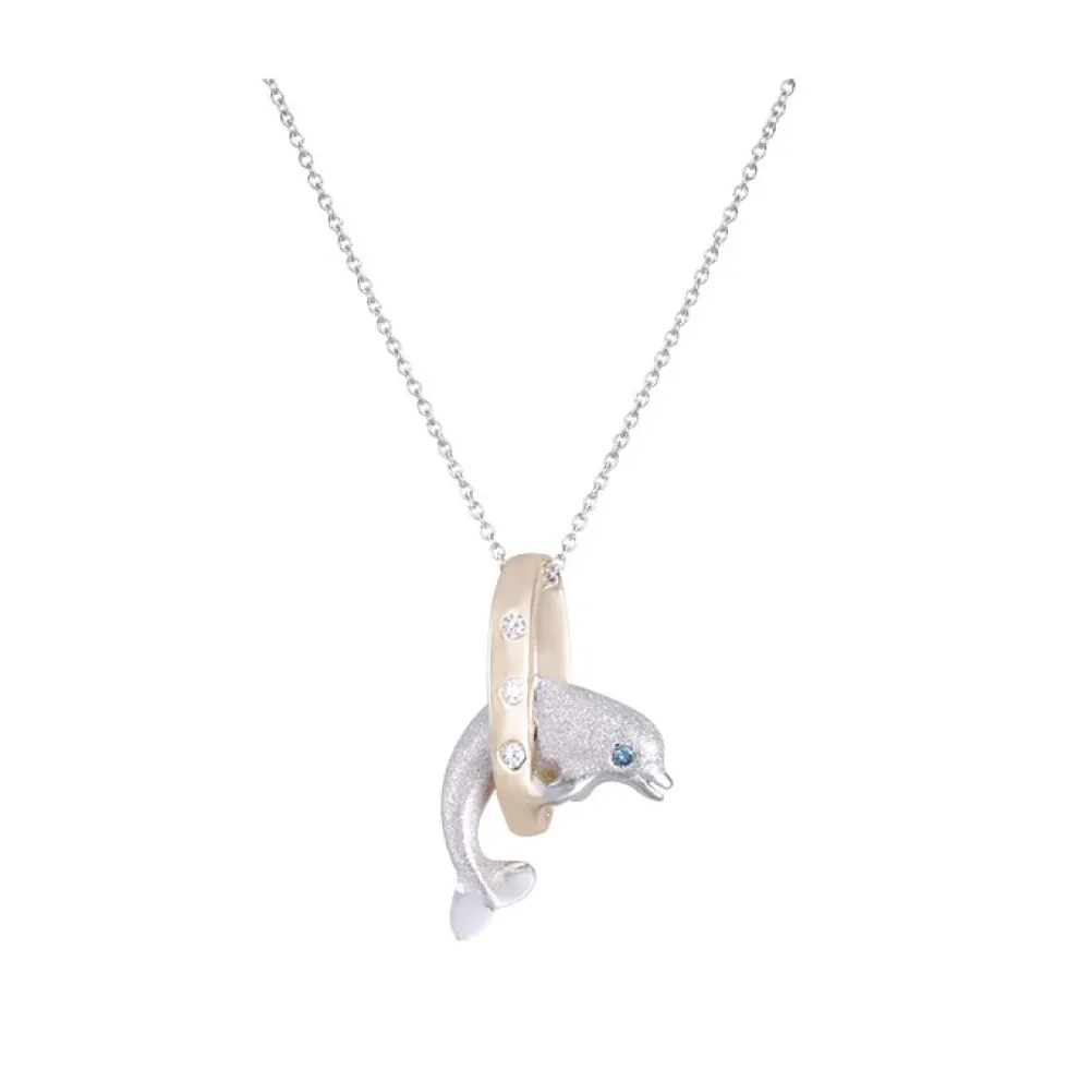 14K 15Mm "Jumping Loop" Dolphin Pendant With 3 Diamonds
