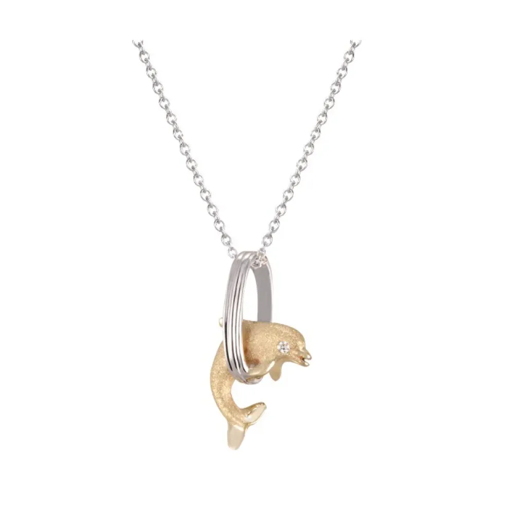14K 15Mm "Jumping Loop" Dolphin Pendant With 0.01 Carat Diamond