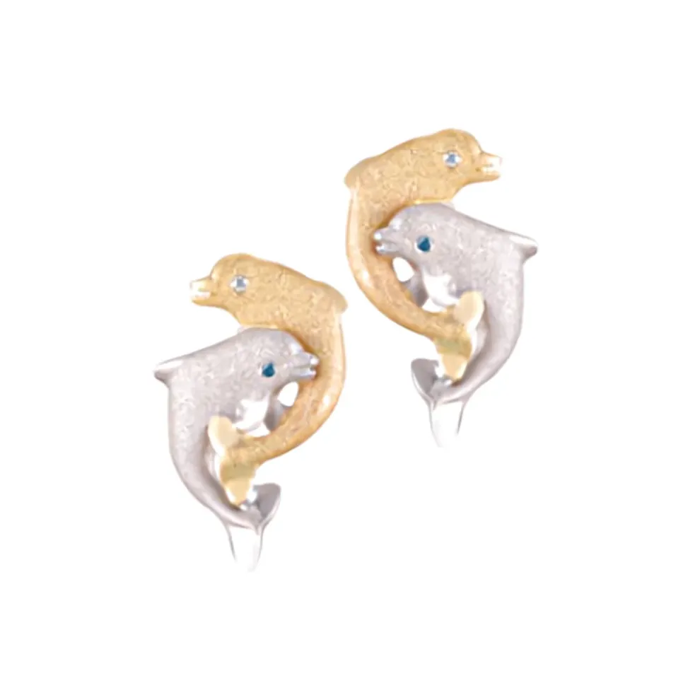 14K 15Mm "Jumping Loop" Dolphin Earrings With 2 Blue Diamonds