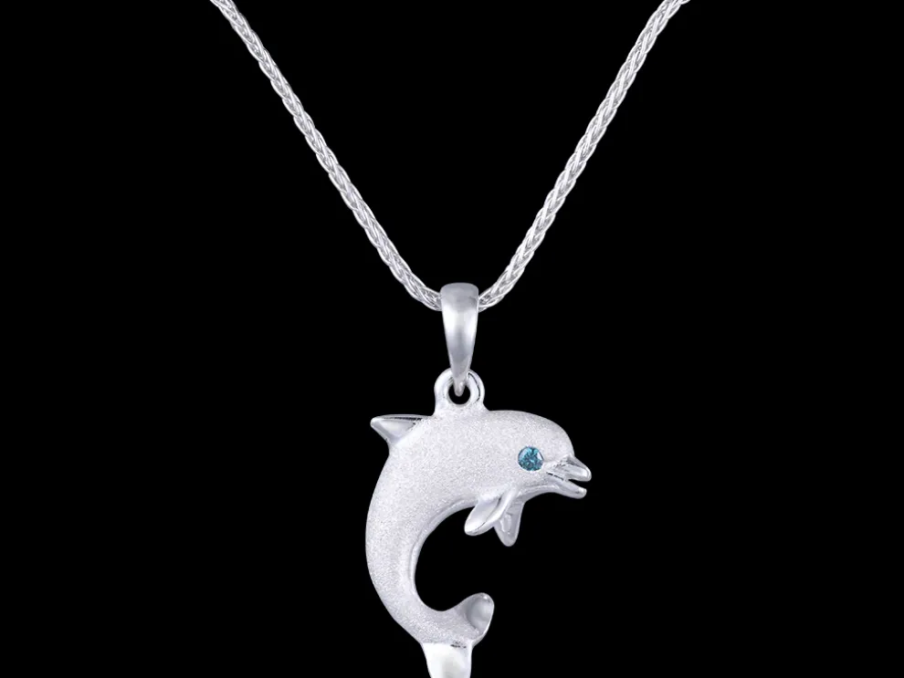 14K 20Mm "Jumping Single" Dolphin Pendant With 0.01 Carat Blue Diamond