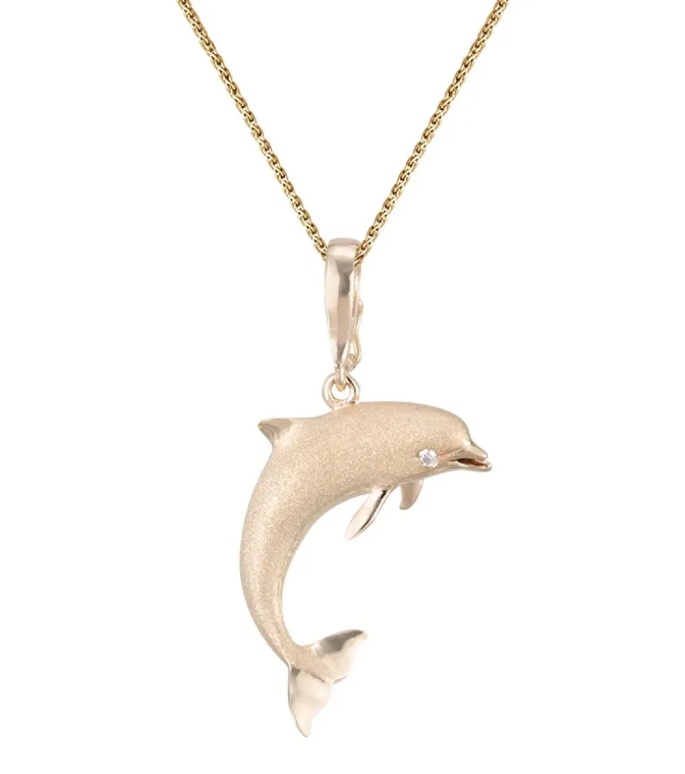 14K 28Mm "Jumping Single" Dolphin Pendant With 2 Diamonds