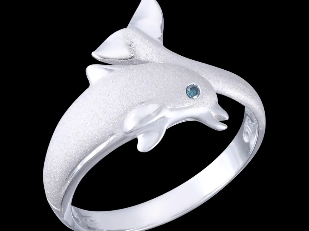 14K 10Mm "Jumping Single" Dolphin Ring With Blue Diamond