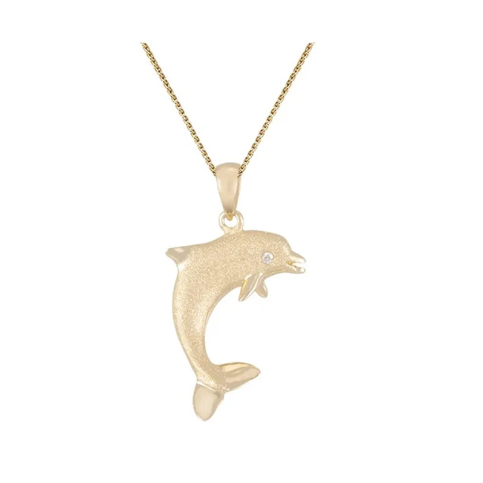 14K 20Mm "Jumping Single" Dolphin Pendant With 0.01 Carat Diamond