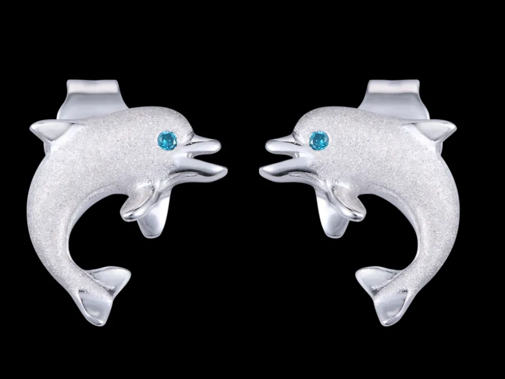 14K 10Mm "Jumping Single" Dolphin Stud Earrings With 2 Blue Diamonds