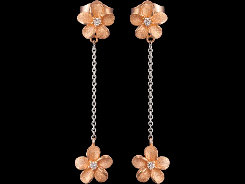14K 7Mm Plumeria Earrings With 6 Diamonds