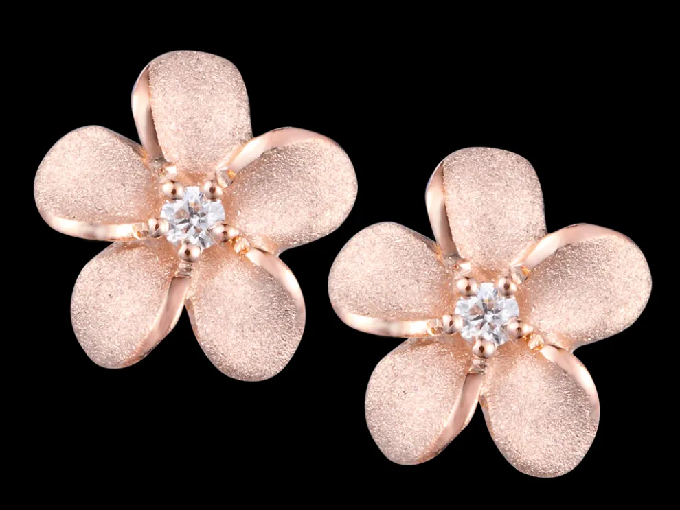 14K 8Mm Plumeria Earrings With 2 Diamonds