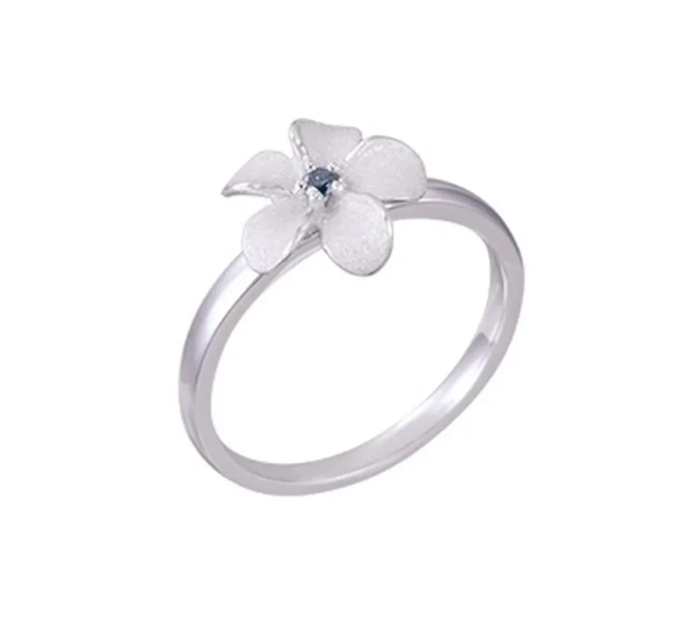 14K 10Mm Plumeria Ring With Blue Diamond