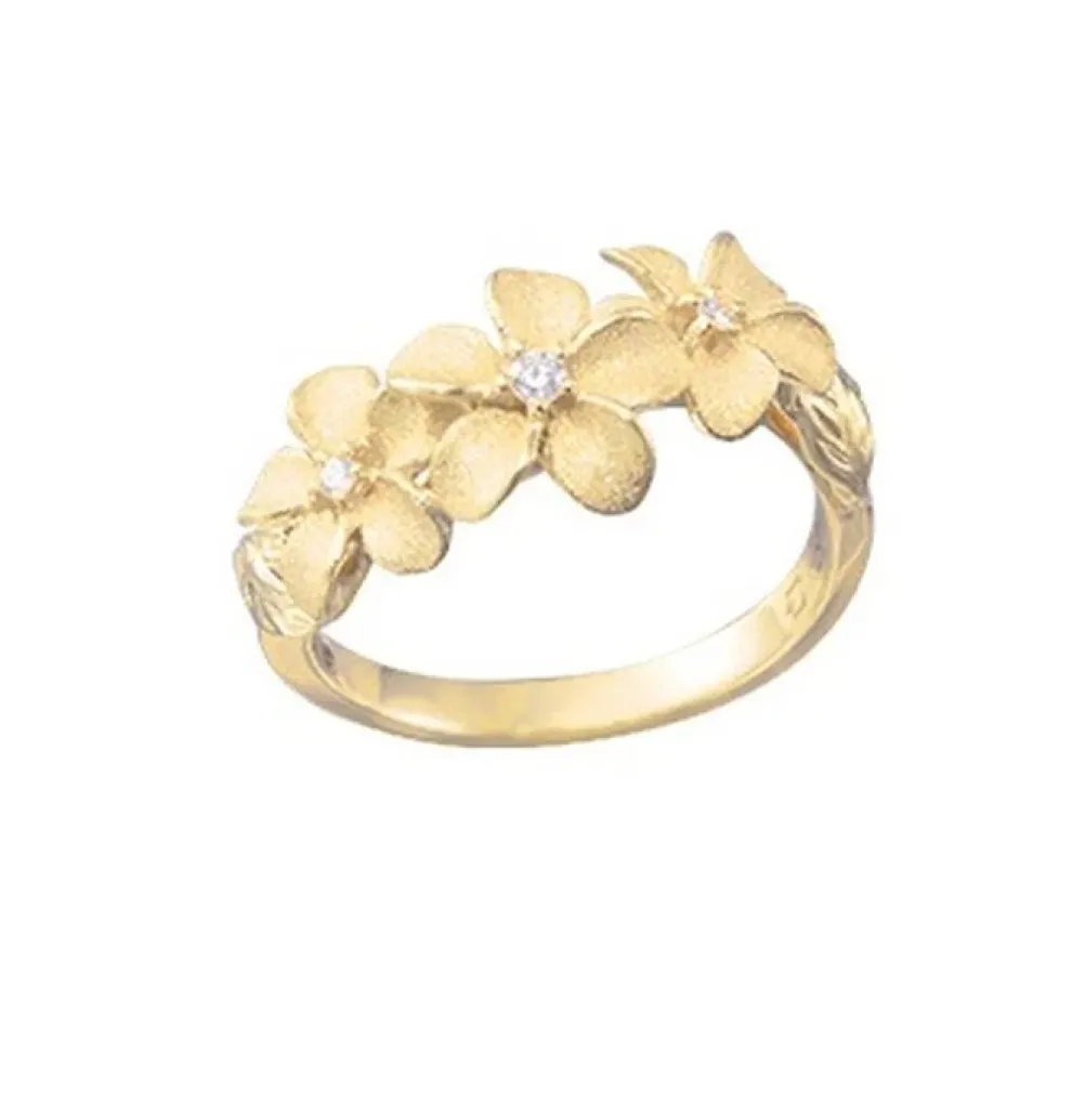 14K 8Mm Plumeria Ring With 3 Diamonds