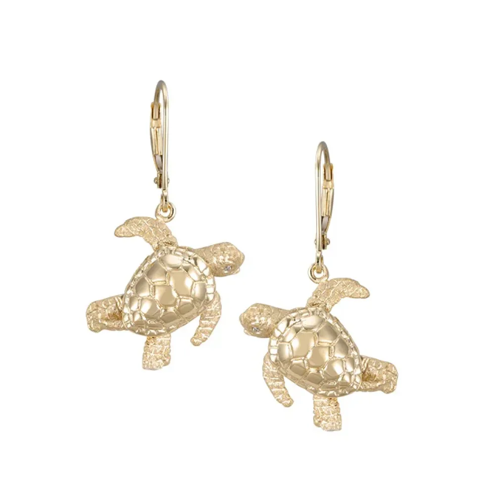 14K 20Mm Sea Turtle Earrings With 4 Diamonds
