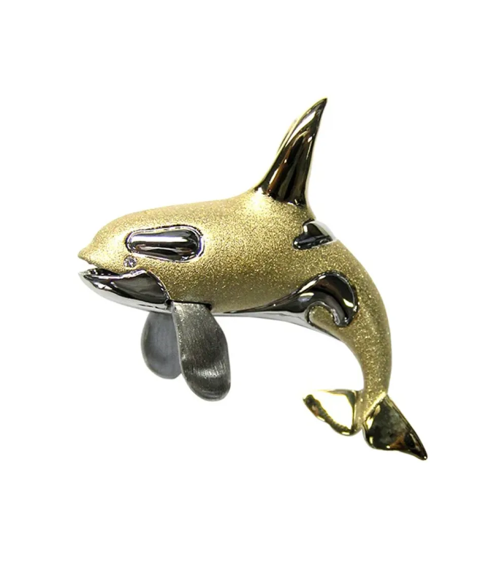 14K 40Mm 2/Tone (White And Yellow) Killer Whale Pendant With 2 Diamonds
