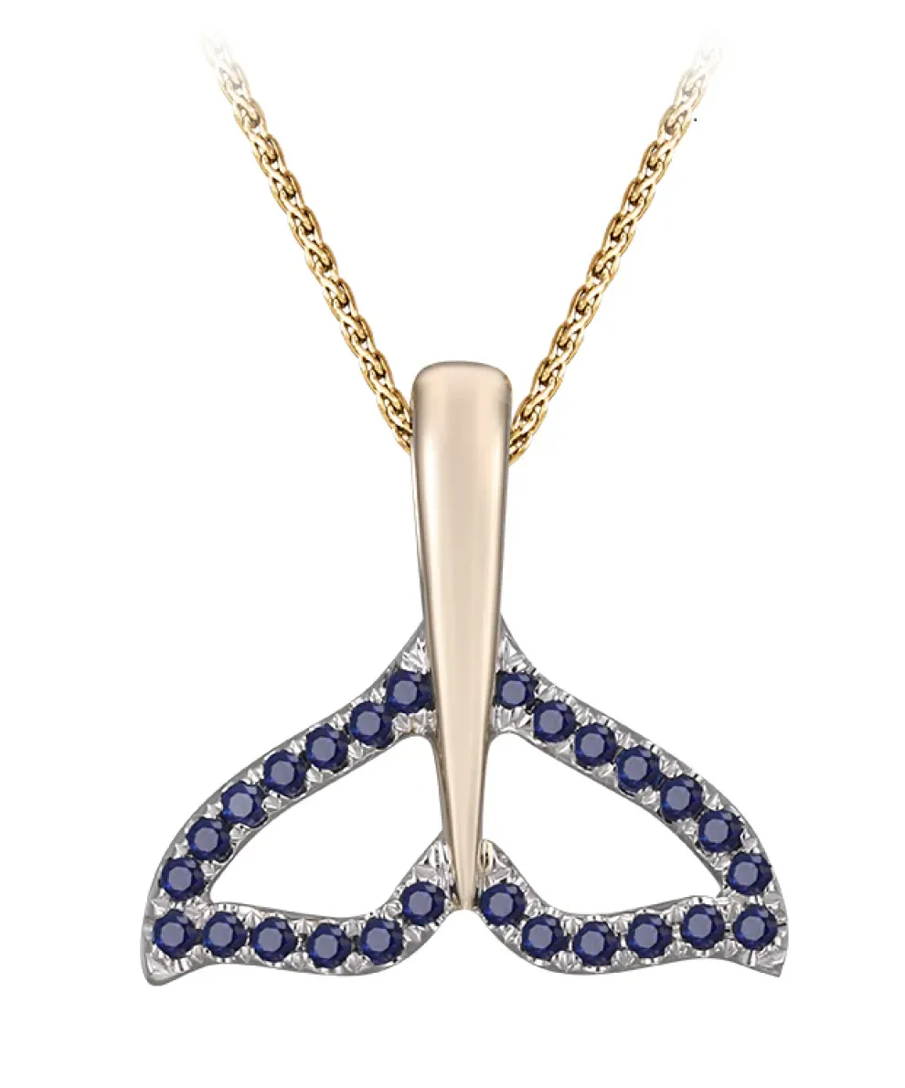 14K 16Mm Whale Saw Tail Pendant With 26 Blue Sapphires