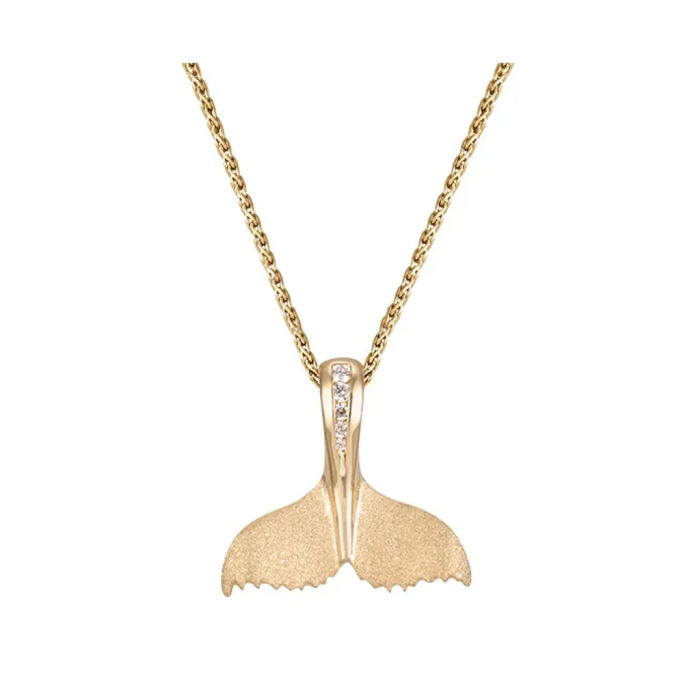 14K 21Mm Whale Saw Tail Pendant With 5 Diamonds