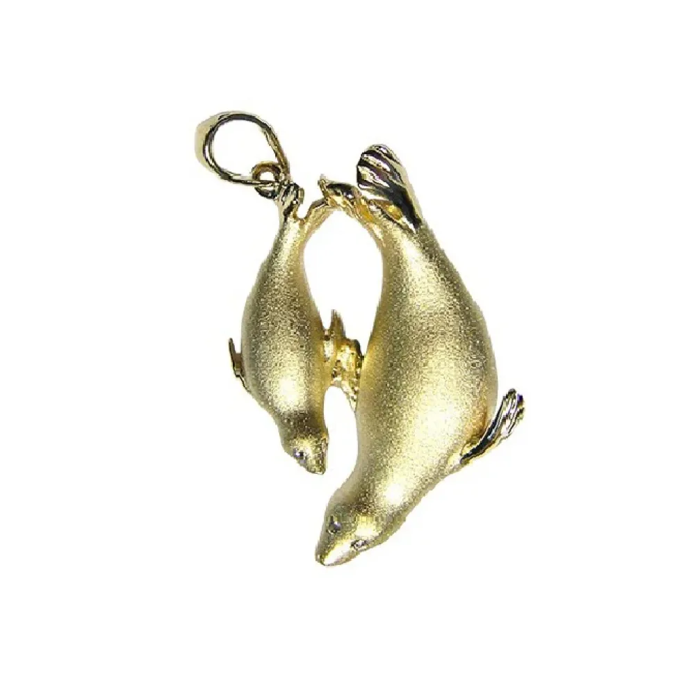 14K Mother And Baby Seal Pendant With 4 Diamonds