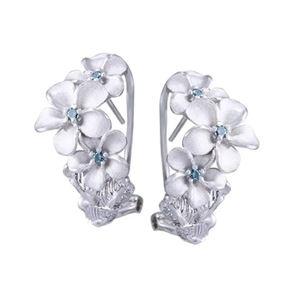 14K Plumeria Lei Earrings With 6 Blue Diamonds