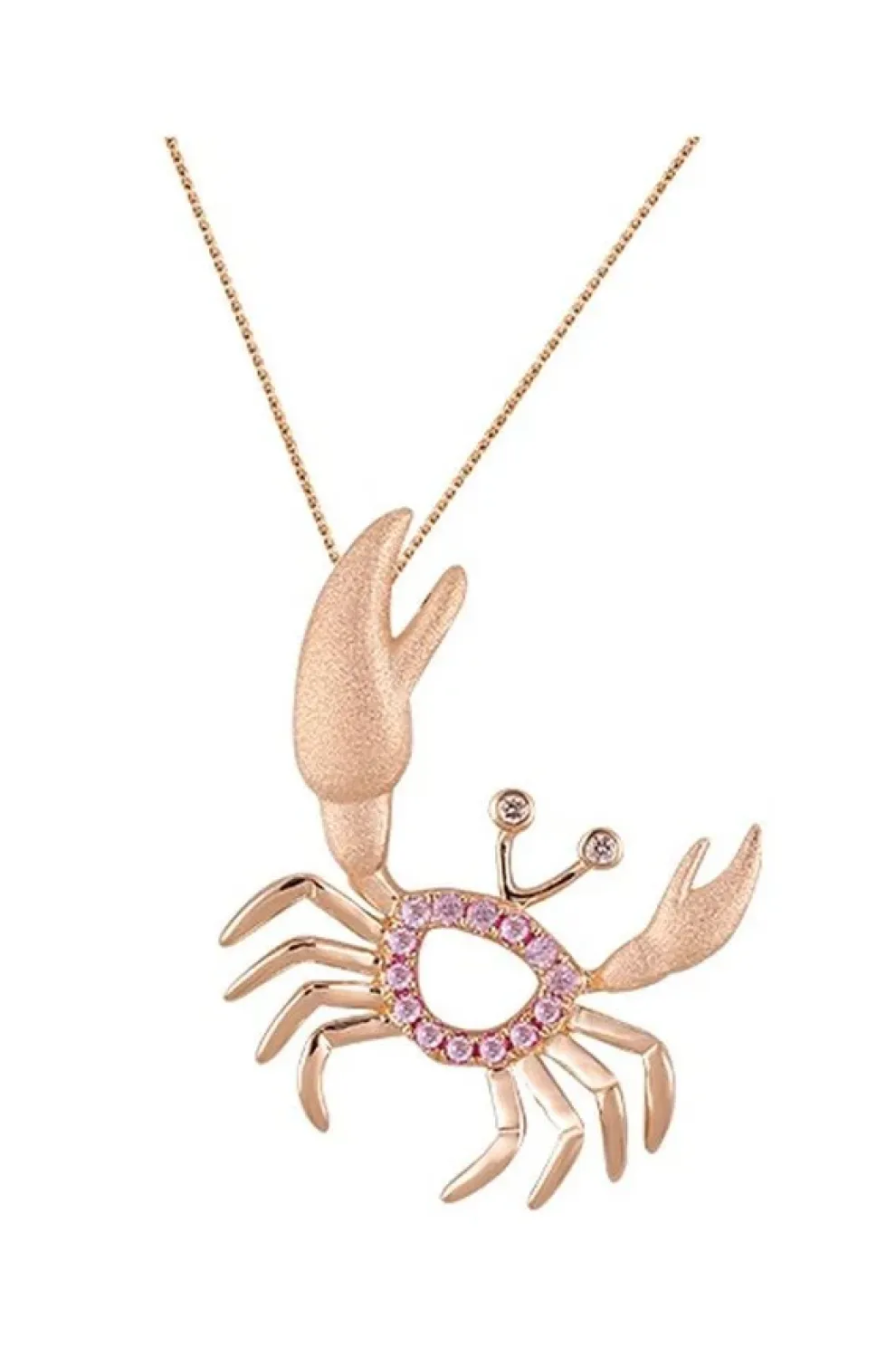 14K Rose Gold Crab Pendant With 2 Diamonds And 14 Pastel Pink Sapphires