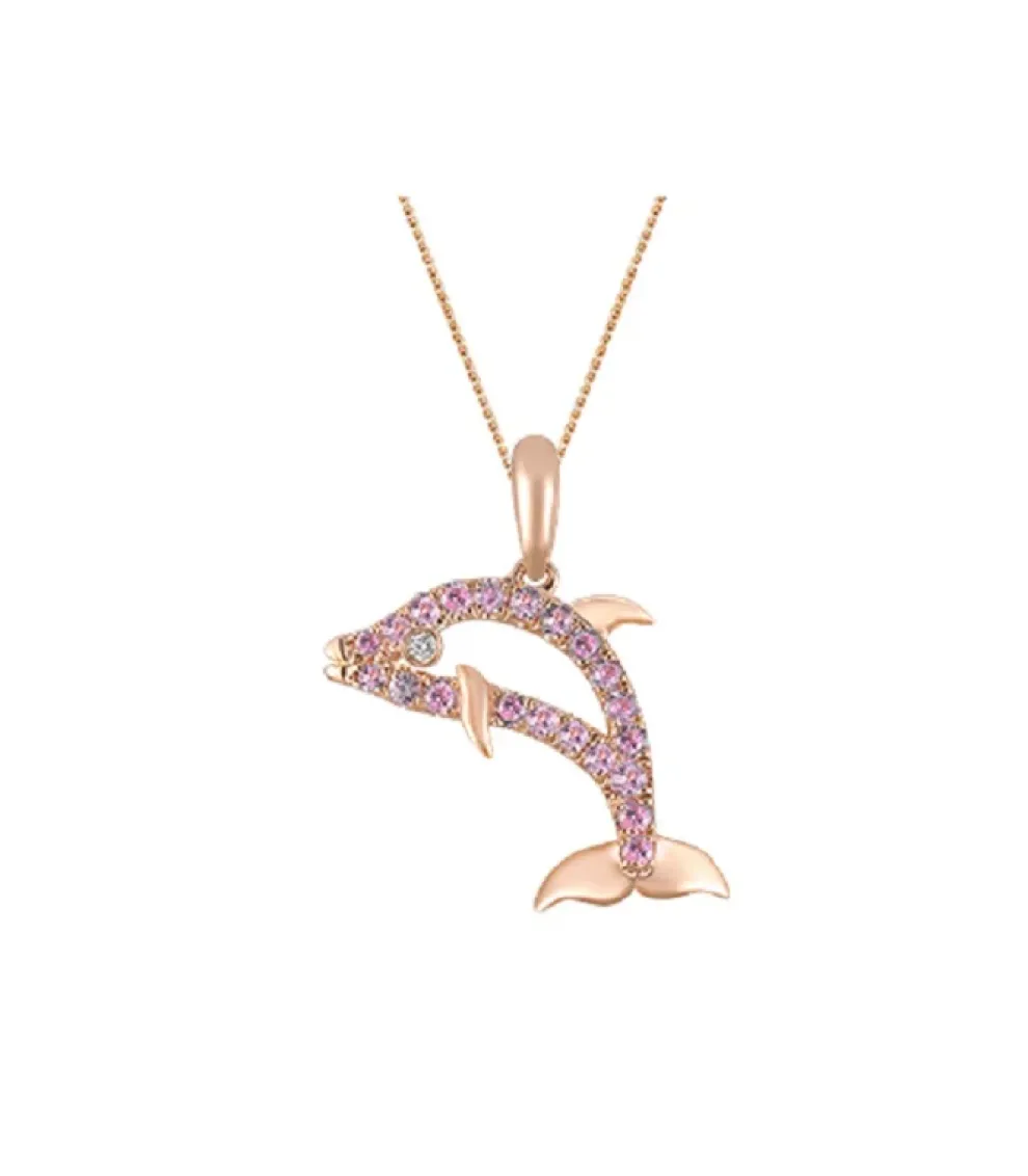 14K Rose Gold Dolphin Pendant With Diamond And Pastel Pink Sapphires