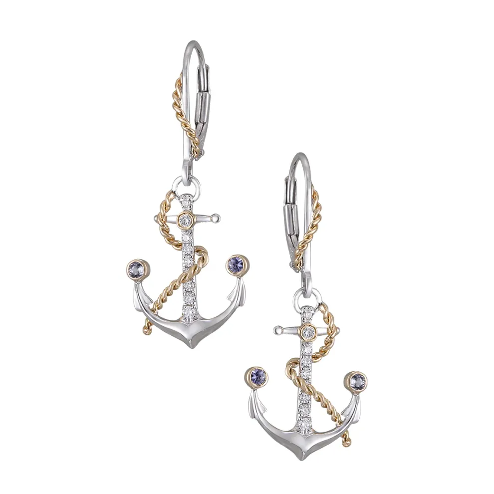 14K 2/Tone "Anchor" Dangle Leverback Earrings With 18 Diamonds And 4 Tanzanites