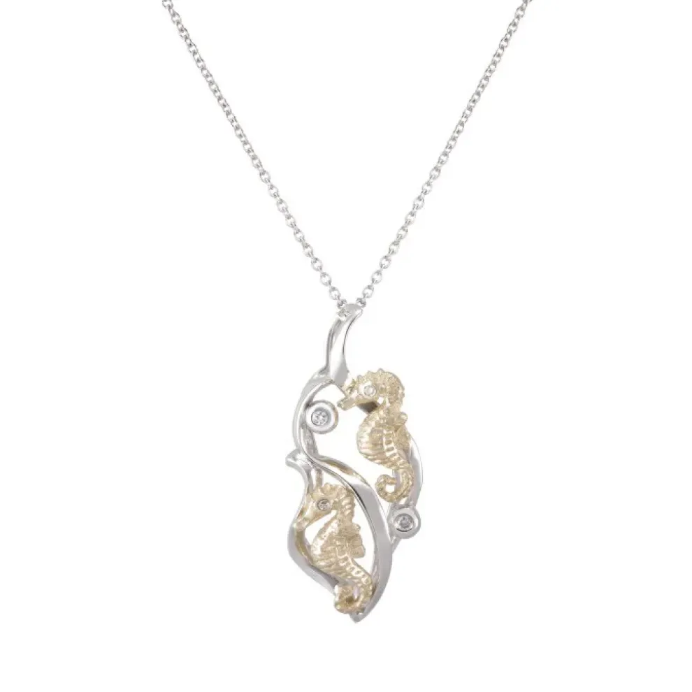 14K 2/Tone Double Sea Horse Pendant With 4 Diamonds