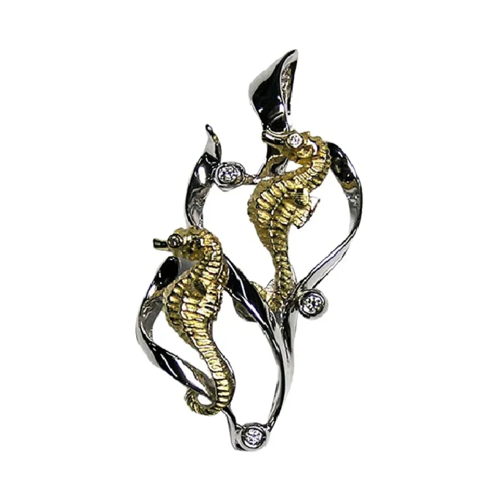 14K 2/Tone Double Sea Horse Pendant With 5 Diamonds