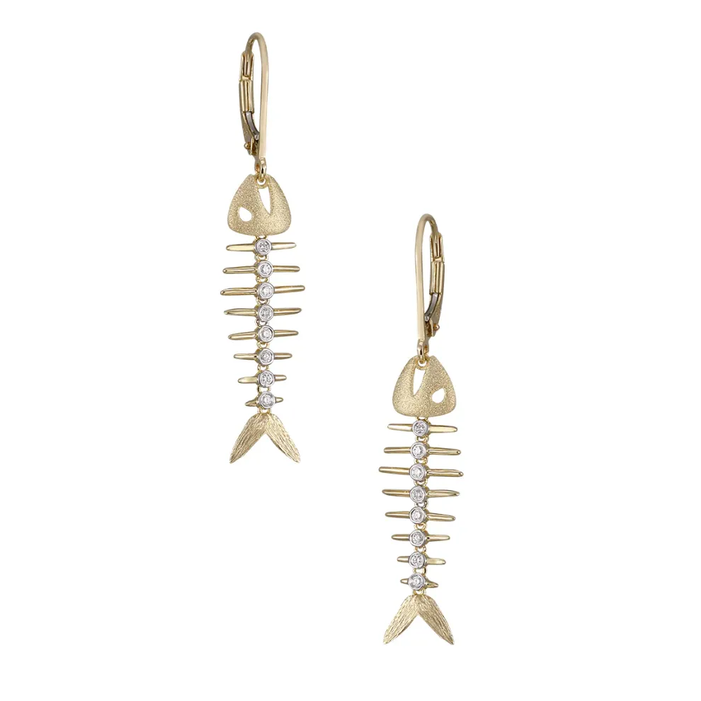 14K 2/Tone Fish Bone Earrings With 16 Diamonds