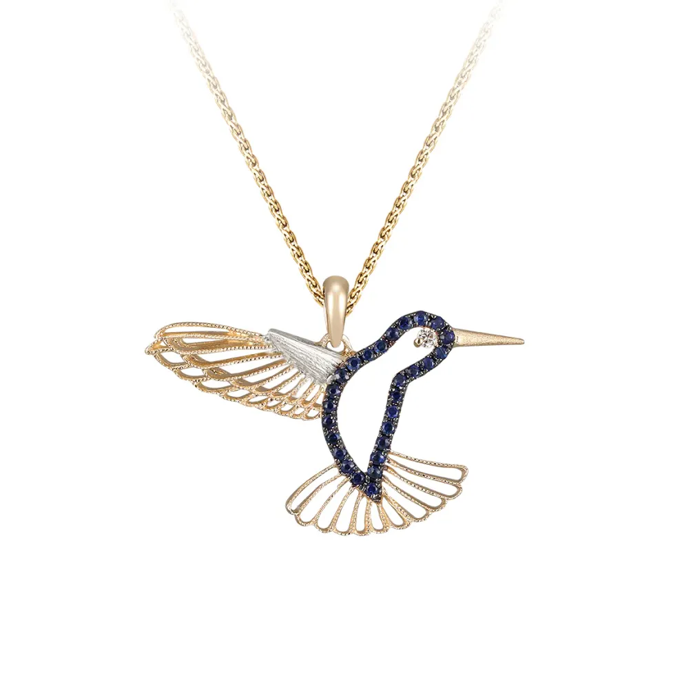 14K 2/Tone Hummingbird Pendant With Diamond And 27 Blue Sapphires With Black Rhodium