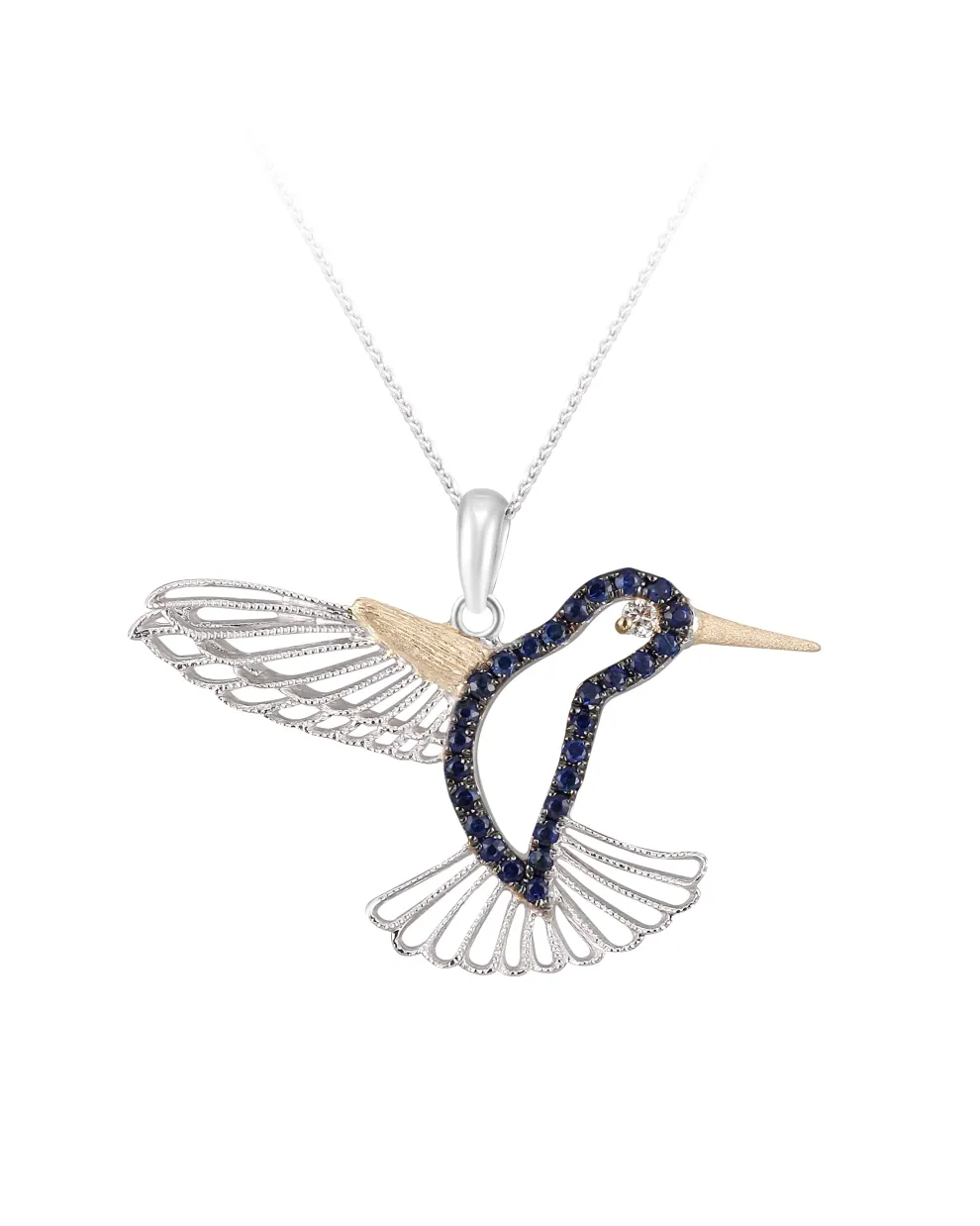 14K 2/Tone Hummingbird Pendant With Diamond And 27 Blue Sapphires