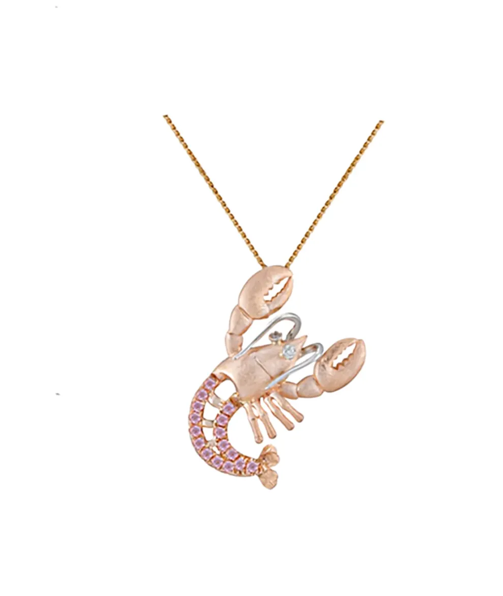 14K 2/Tone Lobster Pendant With 2 Diamonds And 16 Pastel Pink Sapphires