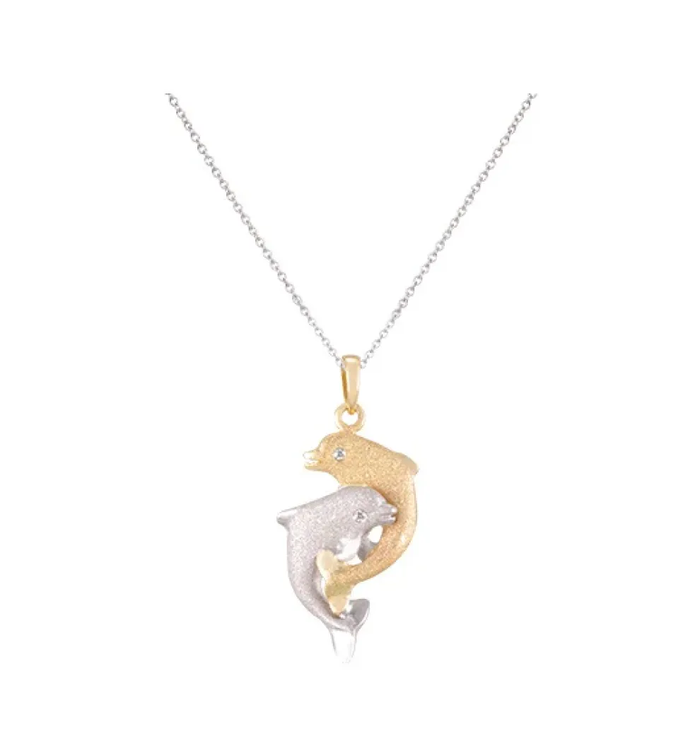 14K 2/Tone 15Mm "Dancing Couple" Dolphin Pendant With 2 Diamonds