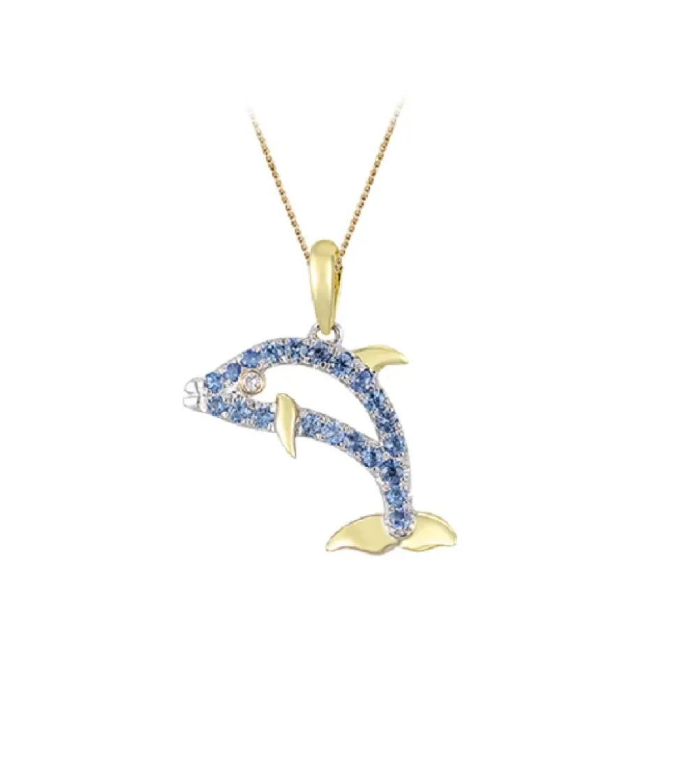 14K 2/Tone 15Mm Dolphin Pendant With 21 Pastel Blue Sapphires