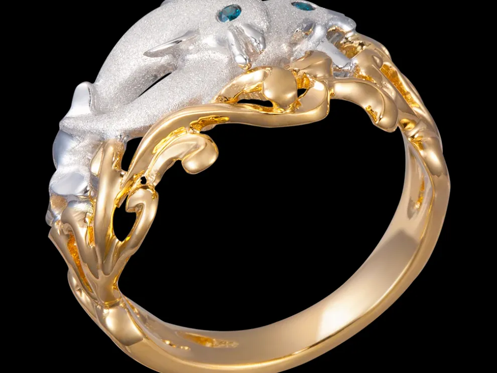 14K 2/Tone 15Mm "Flipping Couple" Dolphin Ring With Blue Diamonds
