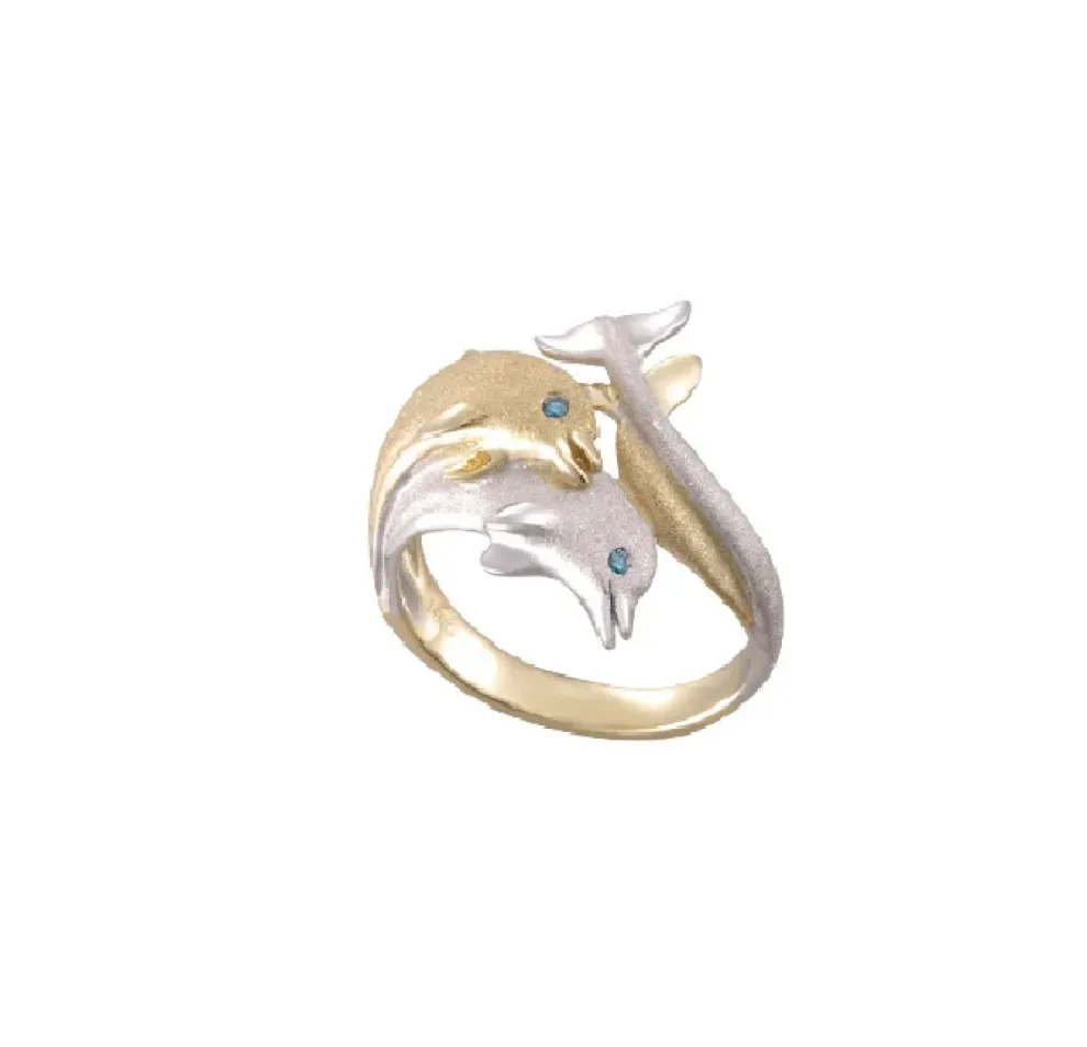 14K 2/Tone 20Mm "Jumping Couple" Dolphin Ring