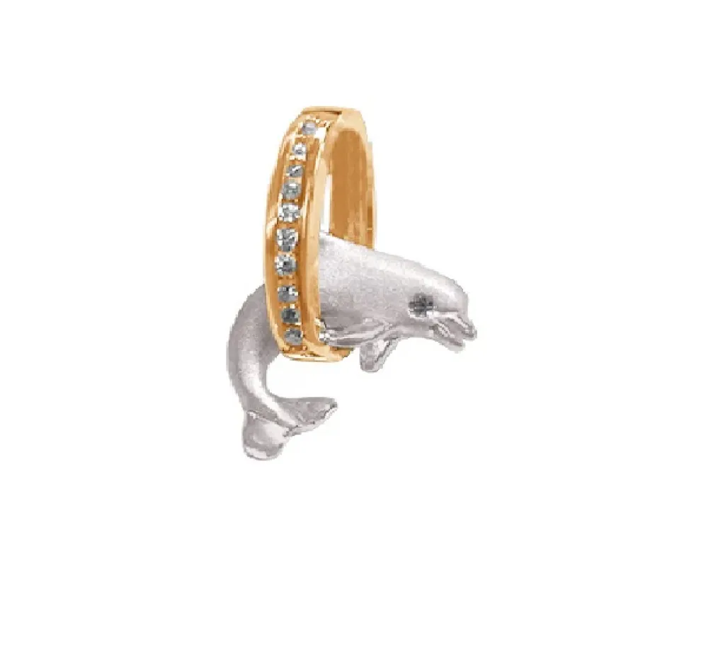 14K 2/Tone 15Mm "Jumping Loop" Dolphin Pendant With 11 Diamonds