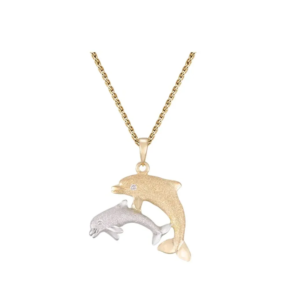 14K 2/Tone 22Mm "Mother & Calf" Dolphin Pendant With 2 Diamonds