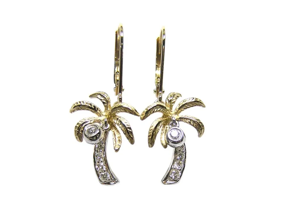 14K 2/Tone 15Mm Palm Tree Earring With 12 Diamonds