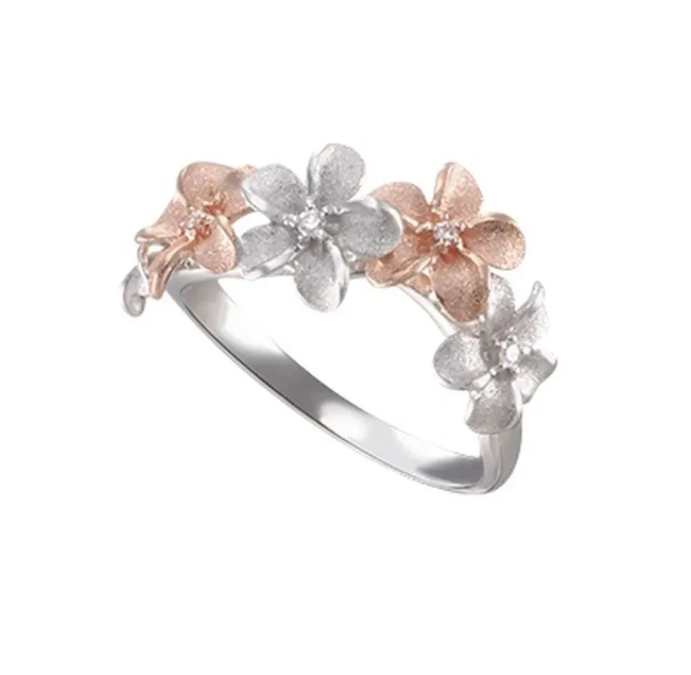 14K 2/Tone 8Mm Plumeria Ring With 4 Diamonds