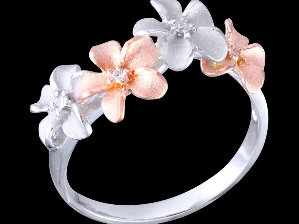 14K 2/Tone 8Mm Plumeria Ring With 4 Diamonds