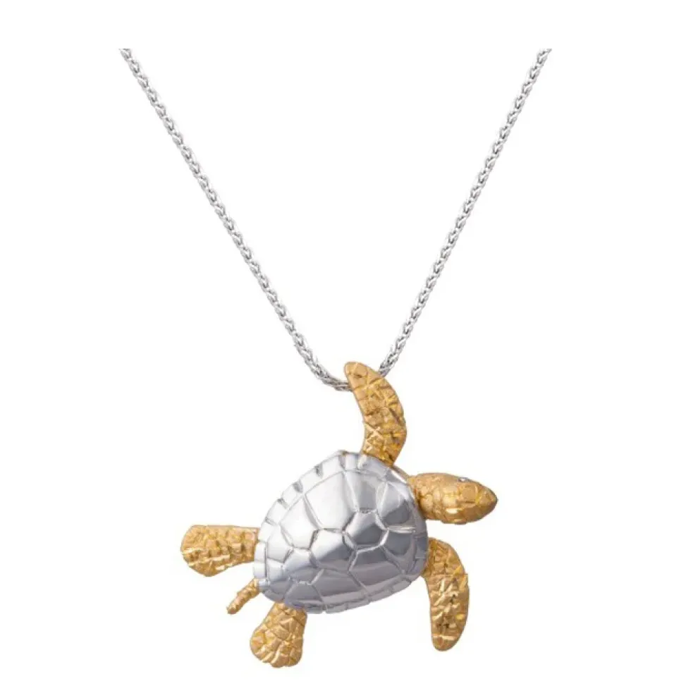 14K 2/Tone 30Mm Sea Turtle Pendant With 2 Diamonds