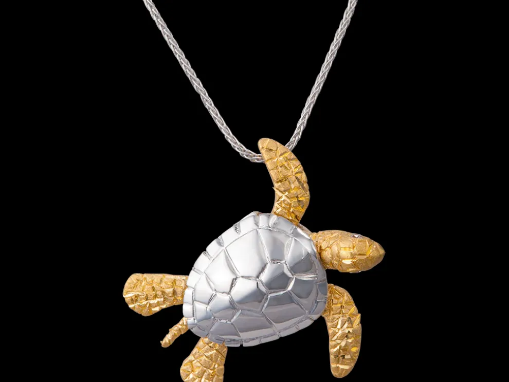 14K 2/Tone 25Mm Sea Turtle Pendant With 2 Diamonds